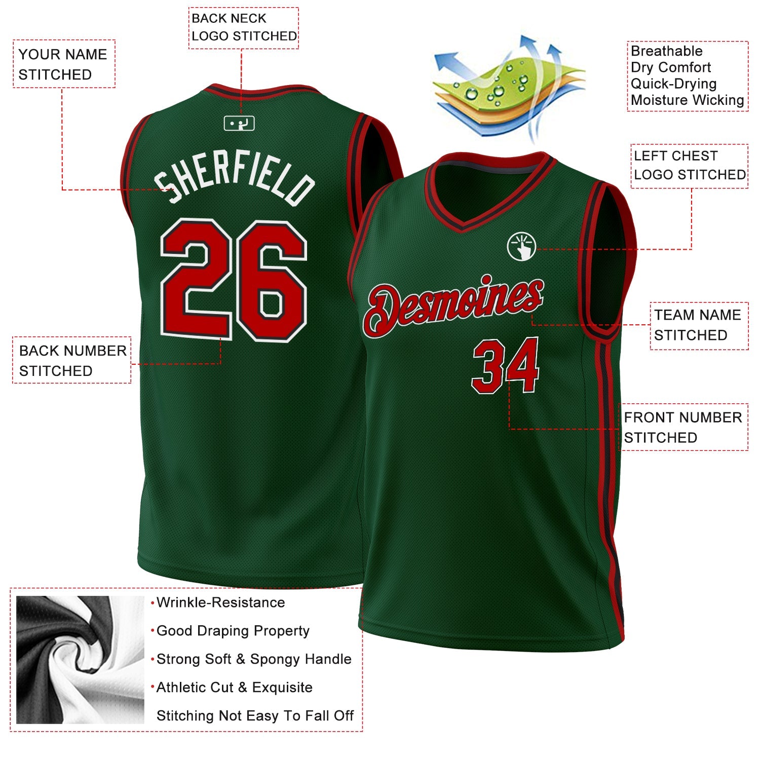 Custom Hunter Green Red-Black Authentic Throwback Basketball Jersey - Sky-Custom