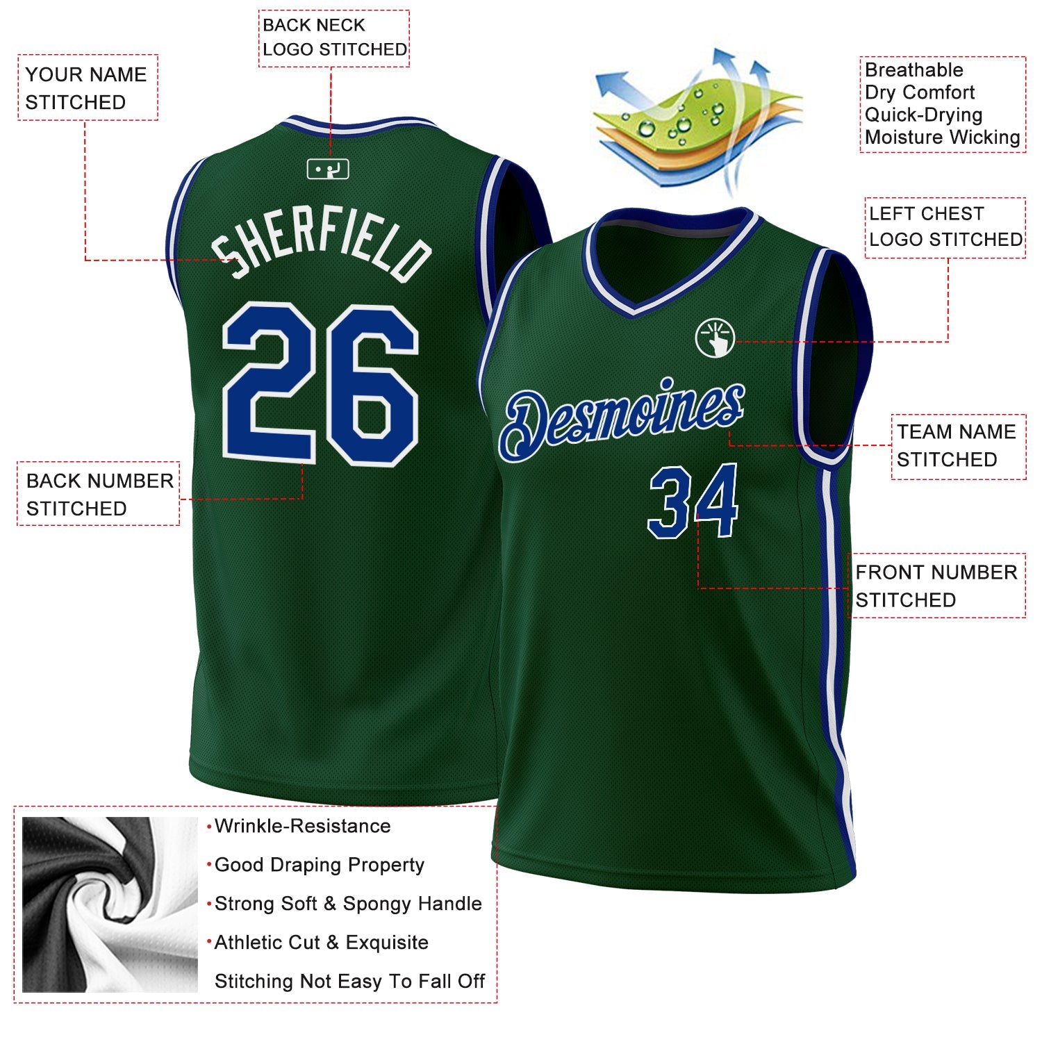 Custom Hunter Green Royal-White Authentic Throwback Basketball Jersey - Sky-Custom