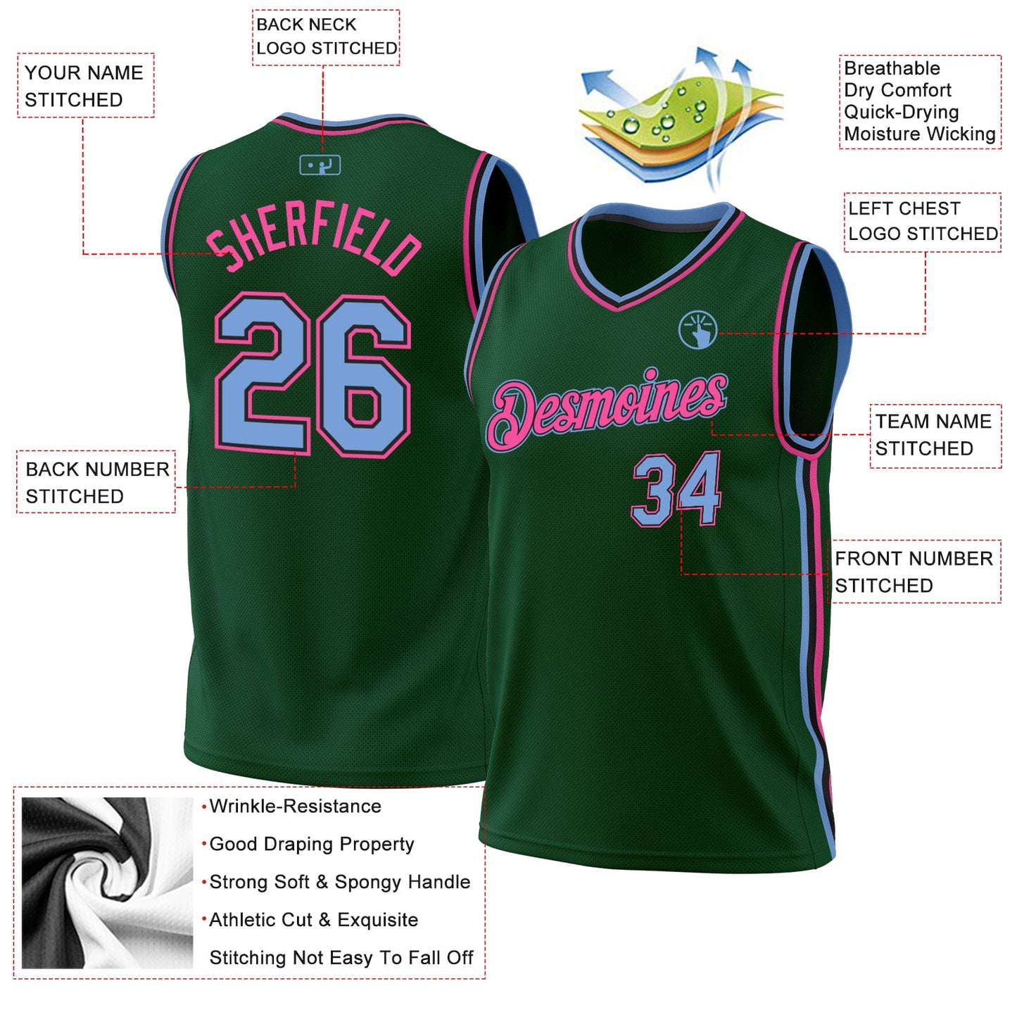 Custom Hunter Green Light Blue Black-Pink Authentic Throwback Basketball Jersey - Sky-Custom