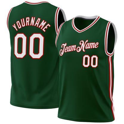 Custom Hunter Green White-Red Authentic Throwback Basketball Jersey - Sky-Custom