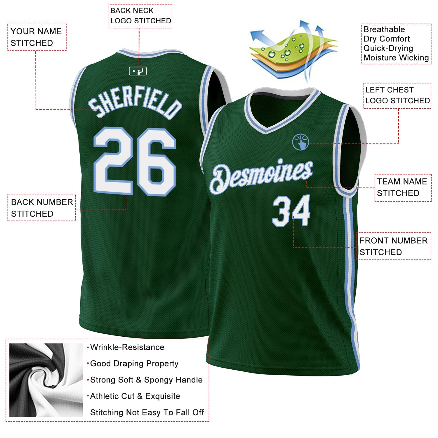 Custom Hunter Green White-Light Blue Authentic Throwback Basketball Jersey - Sky-Custom