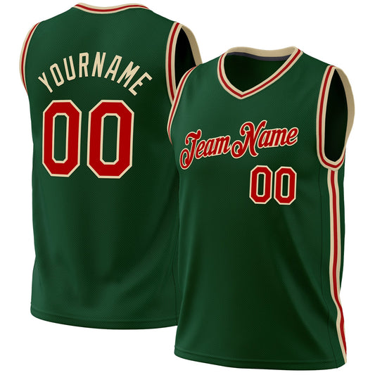 Custom Hunter Green Red-Cream Authentic Throwback Basketball Jersey - Sky-Custom