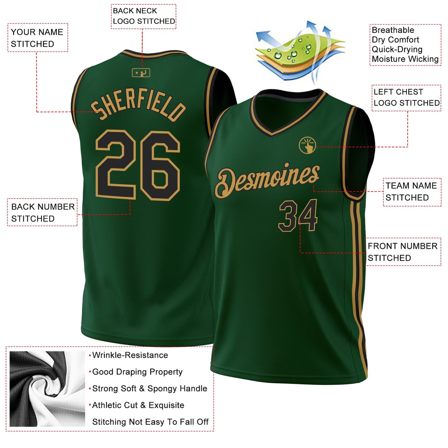 Custom Hunter Green Black-Old Gold Authentic Throwback Basketball Jersey - Sky-Custom