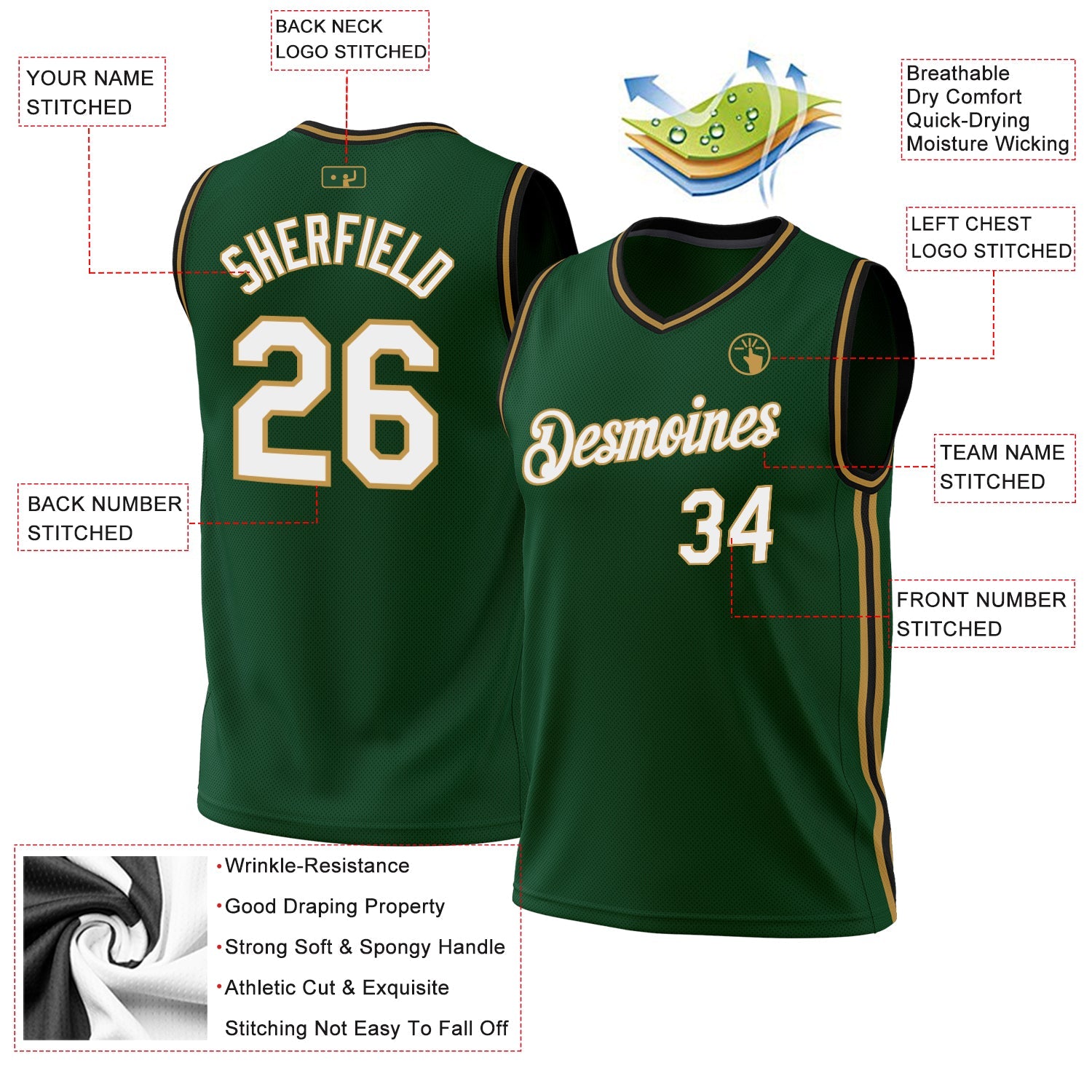 Custom Hunter Green Black-Old Gold Authentic Throwback Basketball Jersey - Sky-Custom