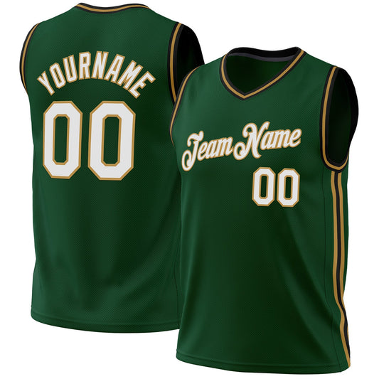 Custom Hunter Green Black-Old Gold Authentic Throwback Basketball Jersey - Sky-Custom