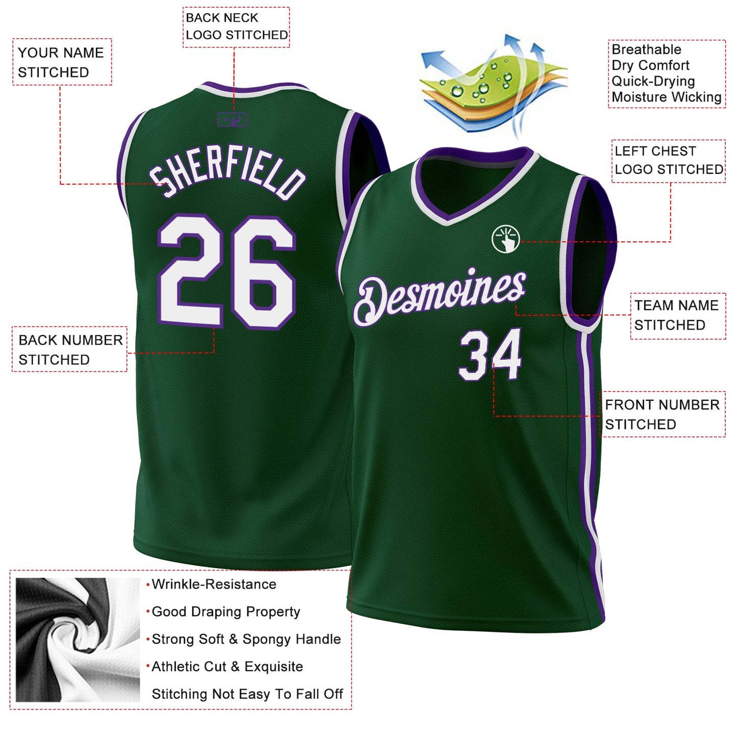 Custom Hunter Green White-Purple Authentic Throwback Basketball Jersey - Sky-Custom