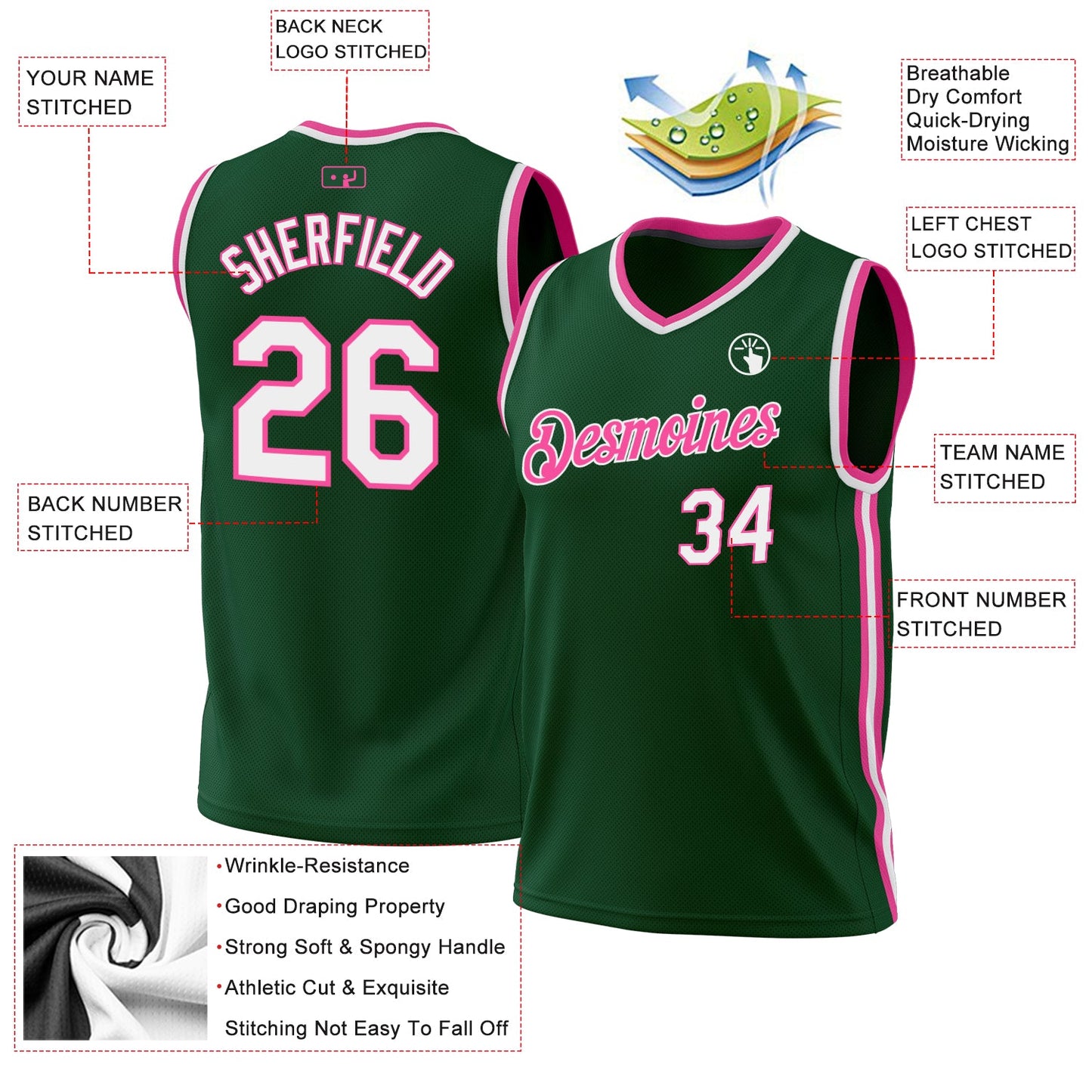 Custom Hunter Green White-Pink Authentic Throwback Basketball Jersey - Sky-Custom