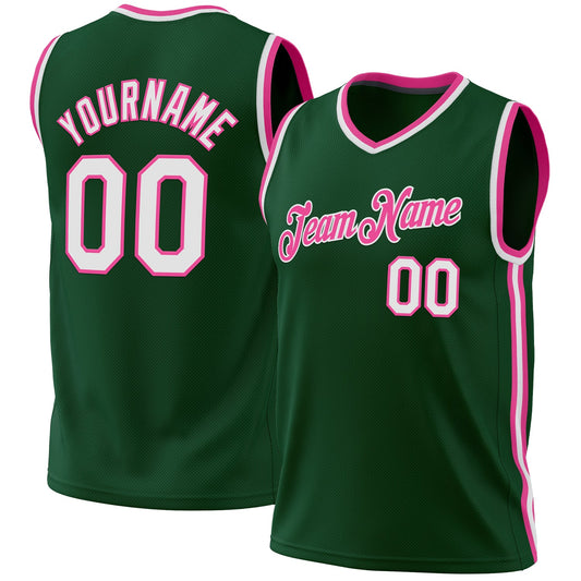 Custom Hunter Green White-Pink Authentic Throwback Basketball Jersey - Sky-Custom