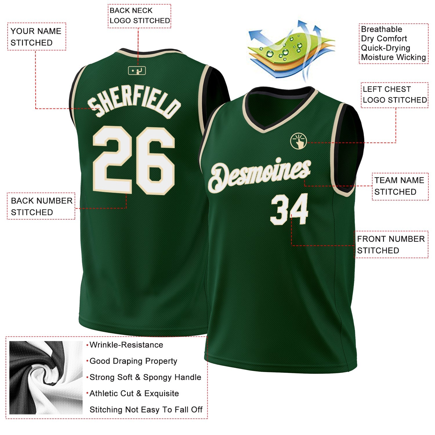 Custom Hunter Green White Cream-Black Authentic Throwback Basketball Jersey - Sky-Custom