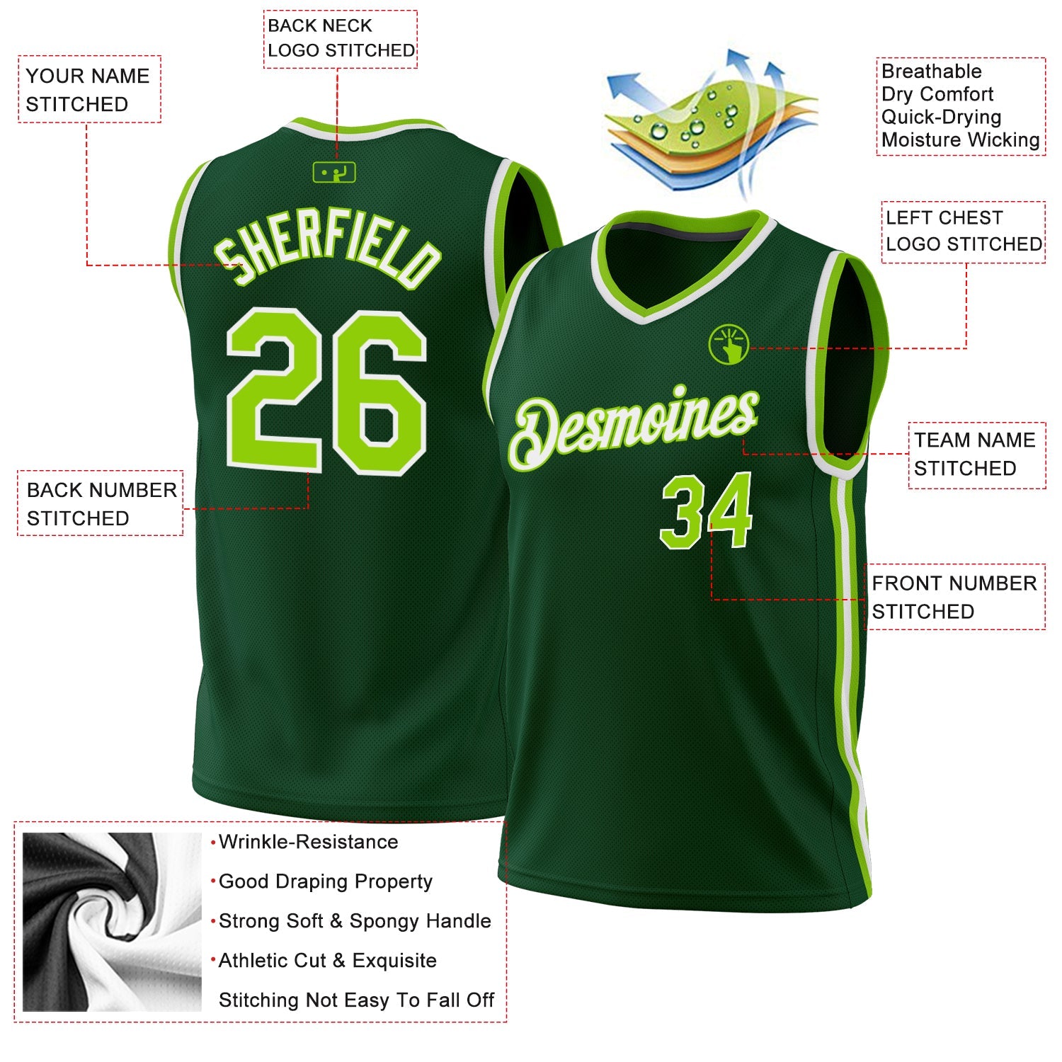 Custom Hunter Green Neon Green-White Authentic Throwback Basketball Jersey - Sky-Custom
