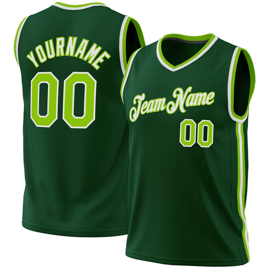 Custom Hunter Green Neon Green-White Authentic Throwback Basketball Jersey - Sky-Custom