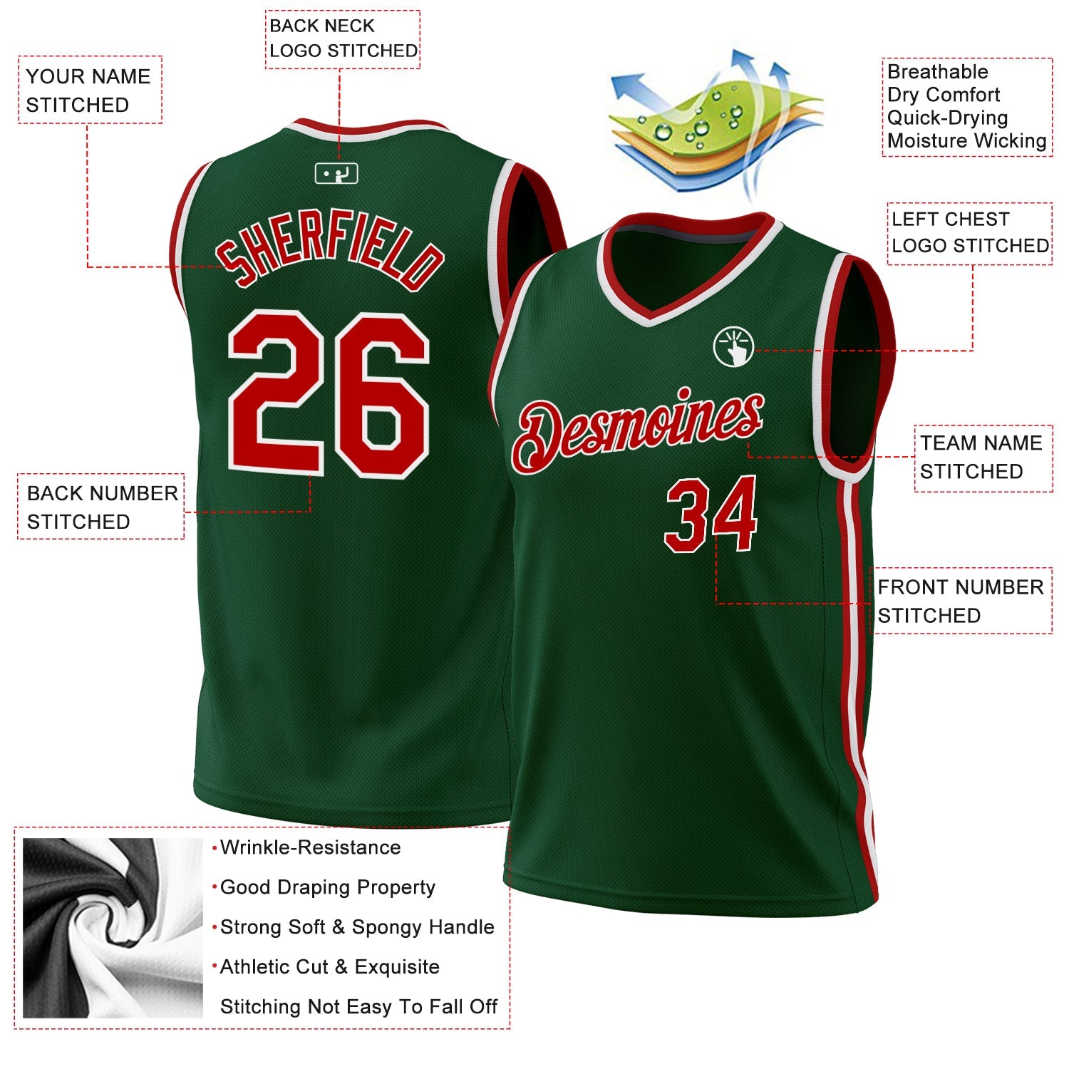 Custom Hunter Green Red-White Authentic Throwback Basketball Jersey - Sky-Custom