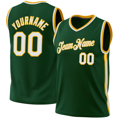 Custom Hunter Green White-Gold Authentic Throwback Basketball Jersey - Sky-Custom