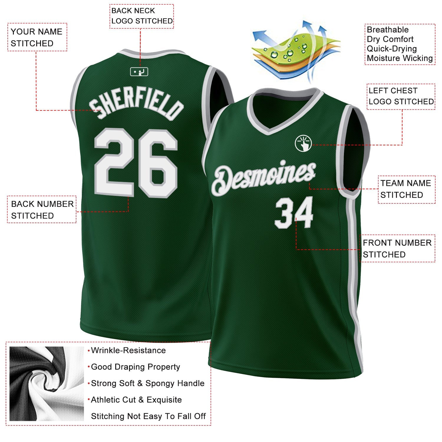 Custom Hunter Green White-Gray Authentic Throwback Basketball Jersey - Sky-Custom