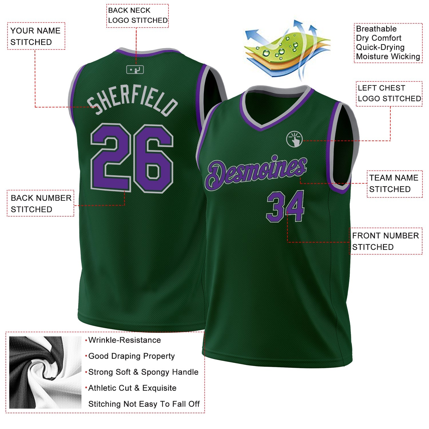 Custom Hunter Green Purple Green-Gray Authentic Throwback Basketball Jersey - Sky-Custom
