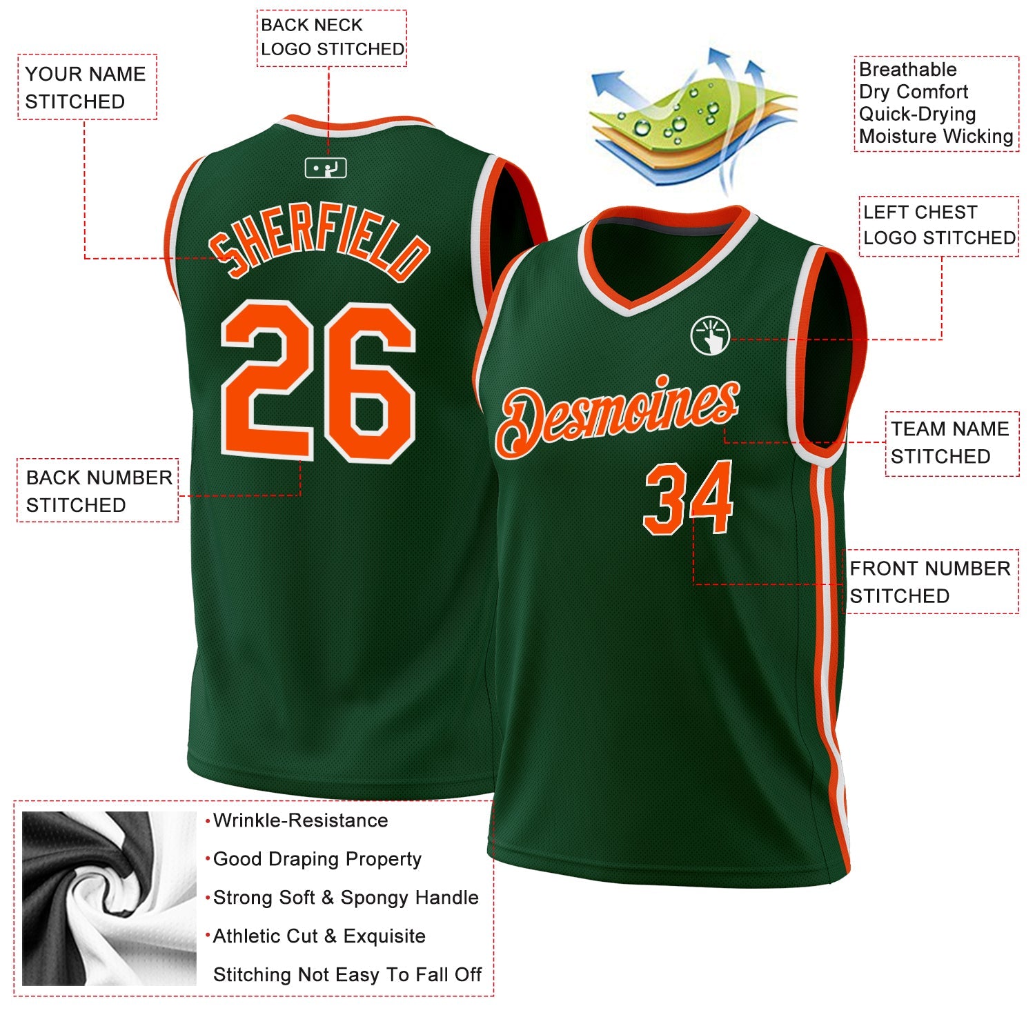Custom Hunter Green Orange-White Authentic Throwback Basketball Jersey - Sky-Custom