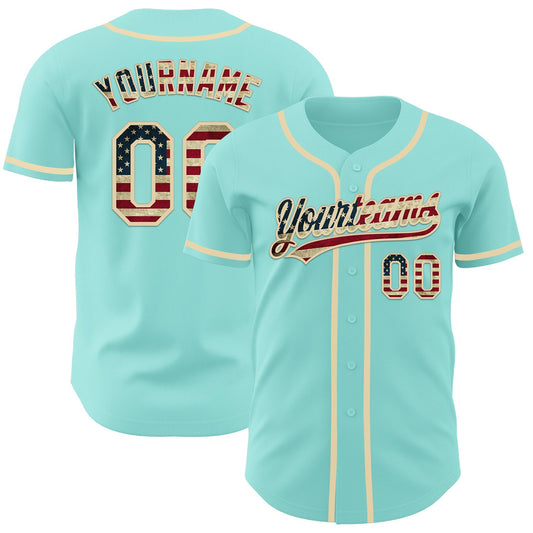 Custom Ice Blue Vintage USA Flag-Cream Authentic Baseball Jersey - Sky-Custom