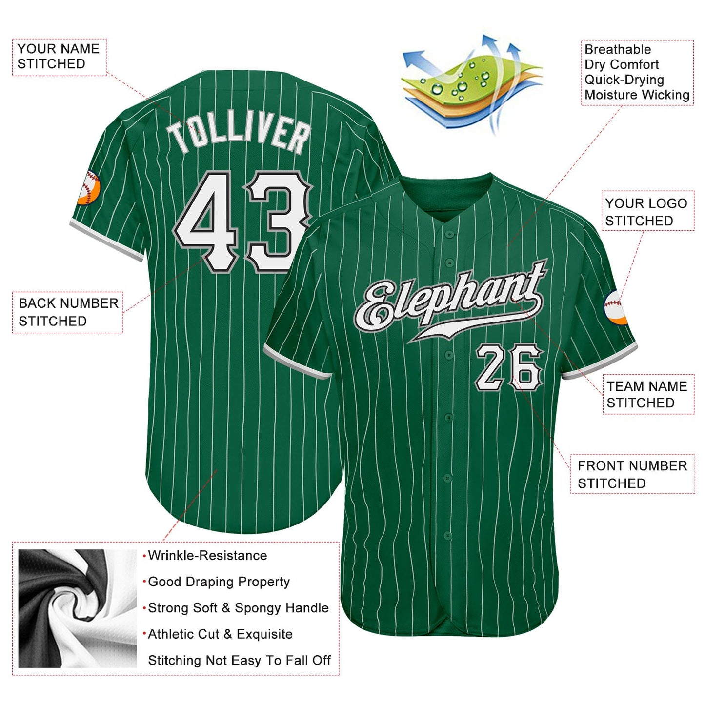 Custom Kelly Green White Pinstripe White-Gray Authentic Baseball Jersey - Sky-Custom