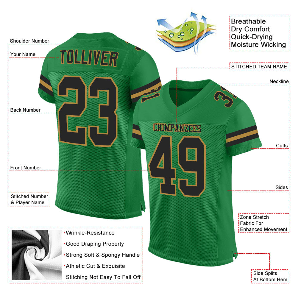 Custom Grass Green Black-Old Gold Mesh Authentic Football Jersey - Sky-Custom