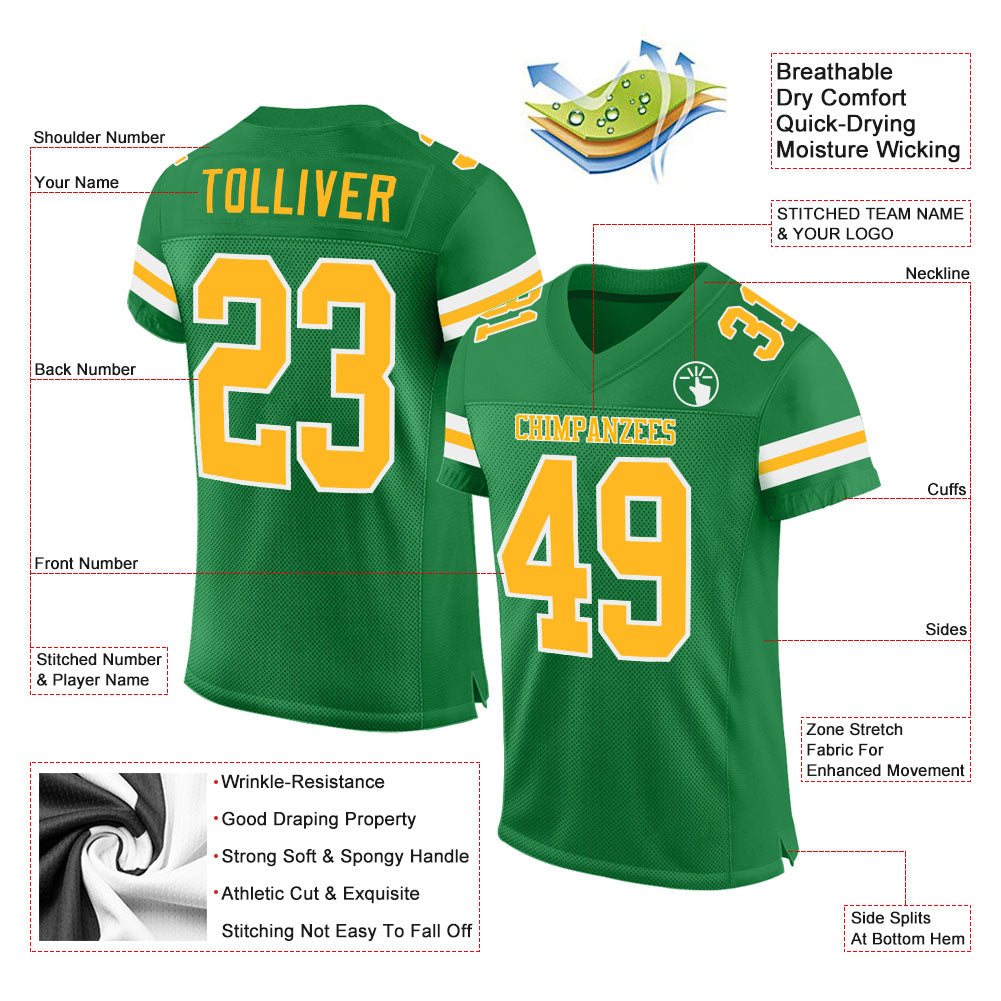 Custom Grass Green Gold-White Mesh Authentic Football Jersey - Sky-Custom
