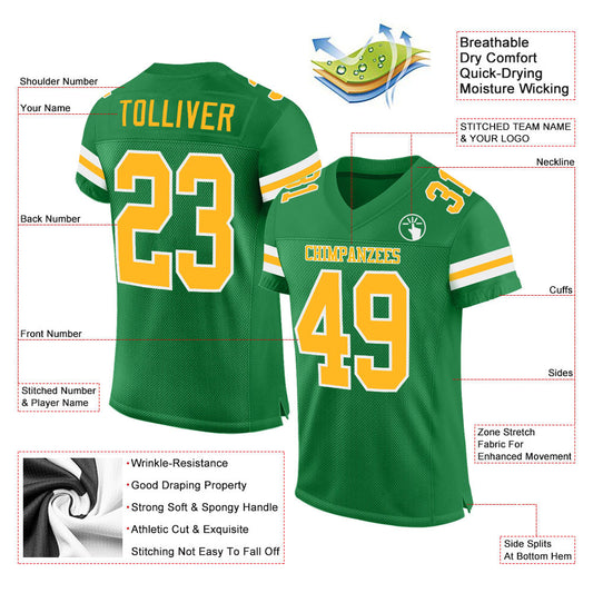 Custom Grass Green Gold-White Mesh Authentic Football Jersey - Sky-Custom