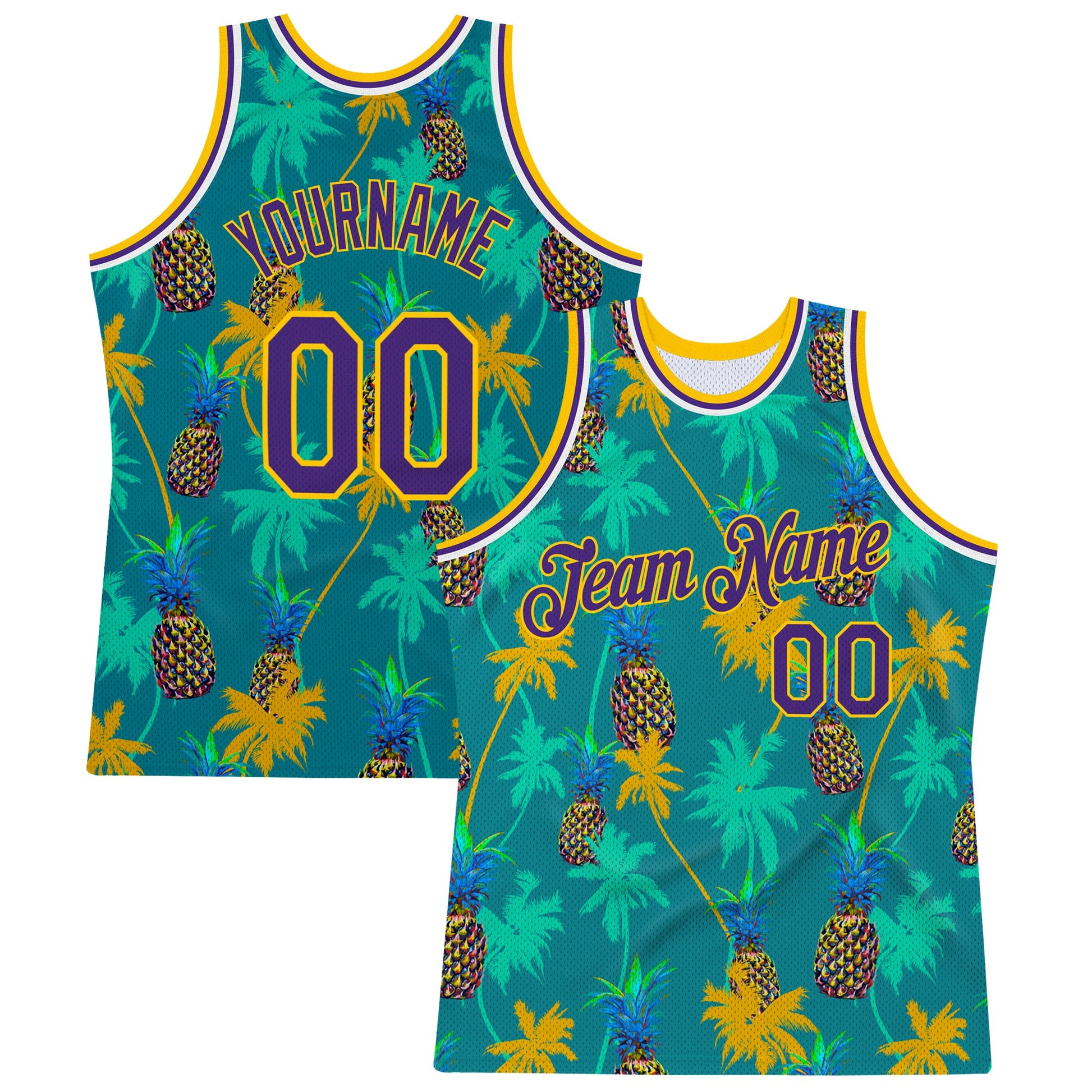 Custom Kelly Green Purple-Gold 3D Pattern Hawaii Palm Trees Pineapples Authentic Basketball Jersey - Sky-Custom