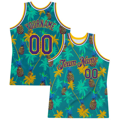 Custom Kelly Green Purple-Gold 3D Pattern Hawaii Palm Trees Pineapples Authentic Basketball Jersey - Sky-Custom