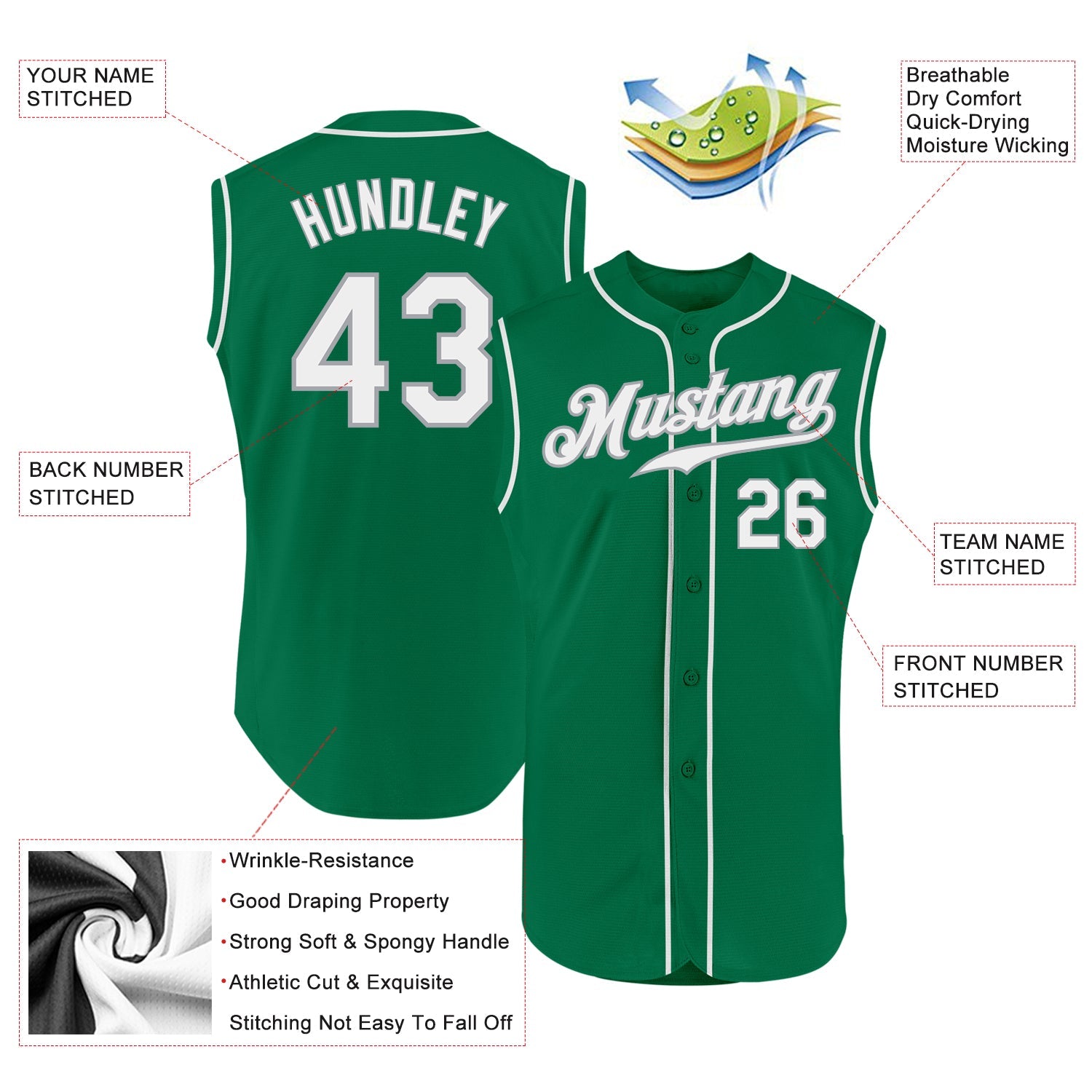 Custom Kelly Green White-Gray Authentic Sleeveless St. Patrick's Day Baseball Jersey - Sky-Custom