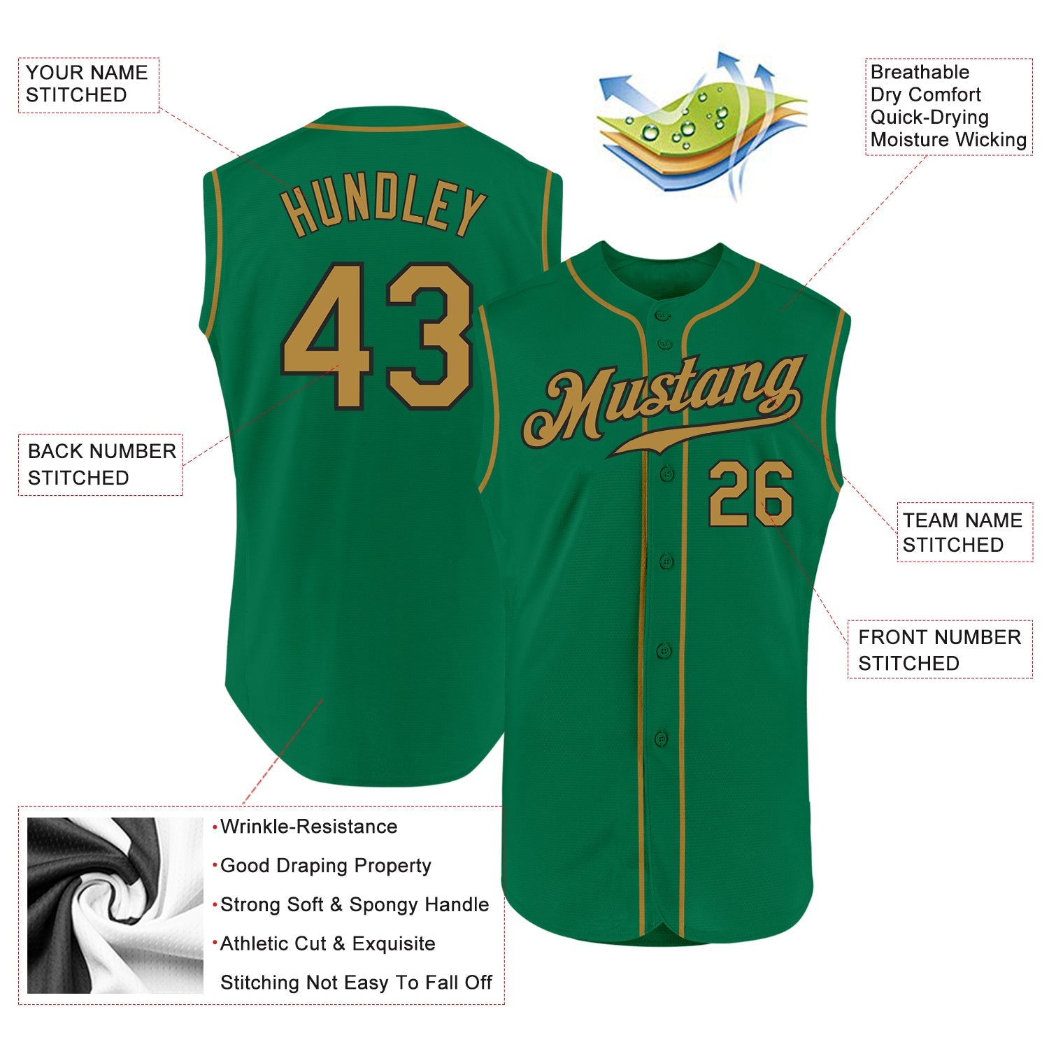 Custom Kelly Green Old Gold-Black Authentic Sleeveless Baseball Jersey - Sky-Custom