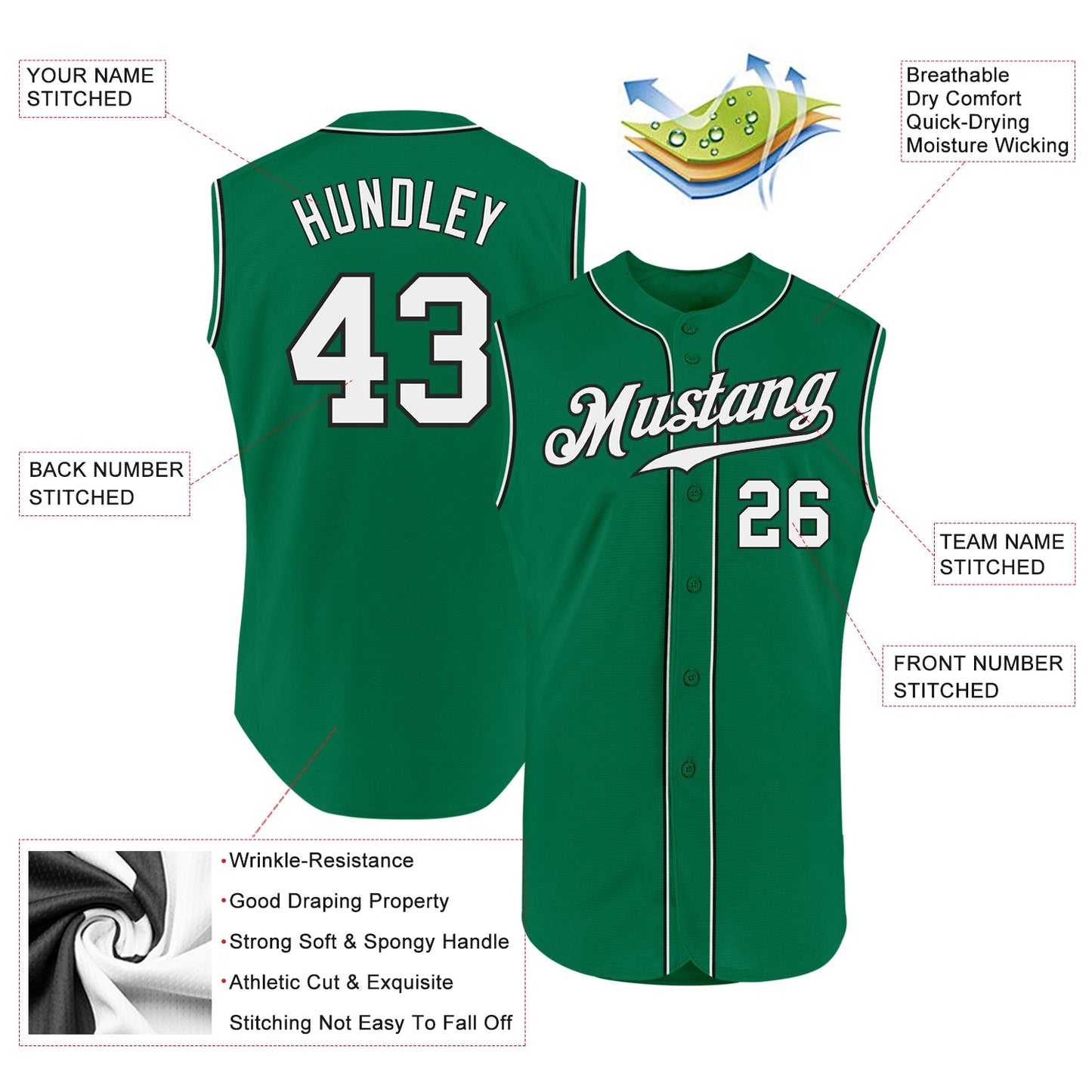 Custom Kelly Green White-Black Authentic Sleeveless Baseball Jersey - Sky-Custom