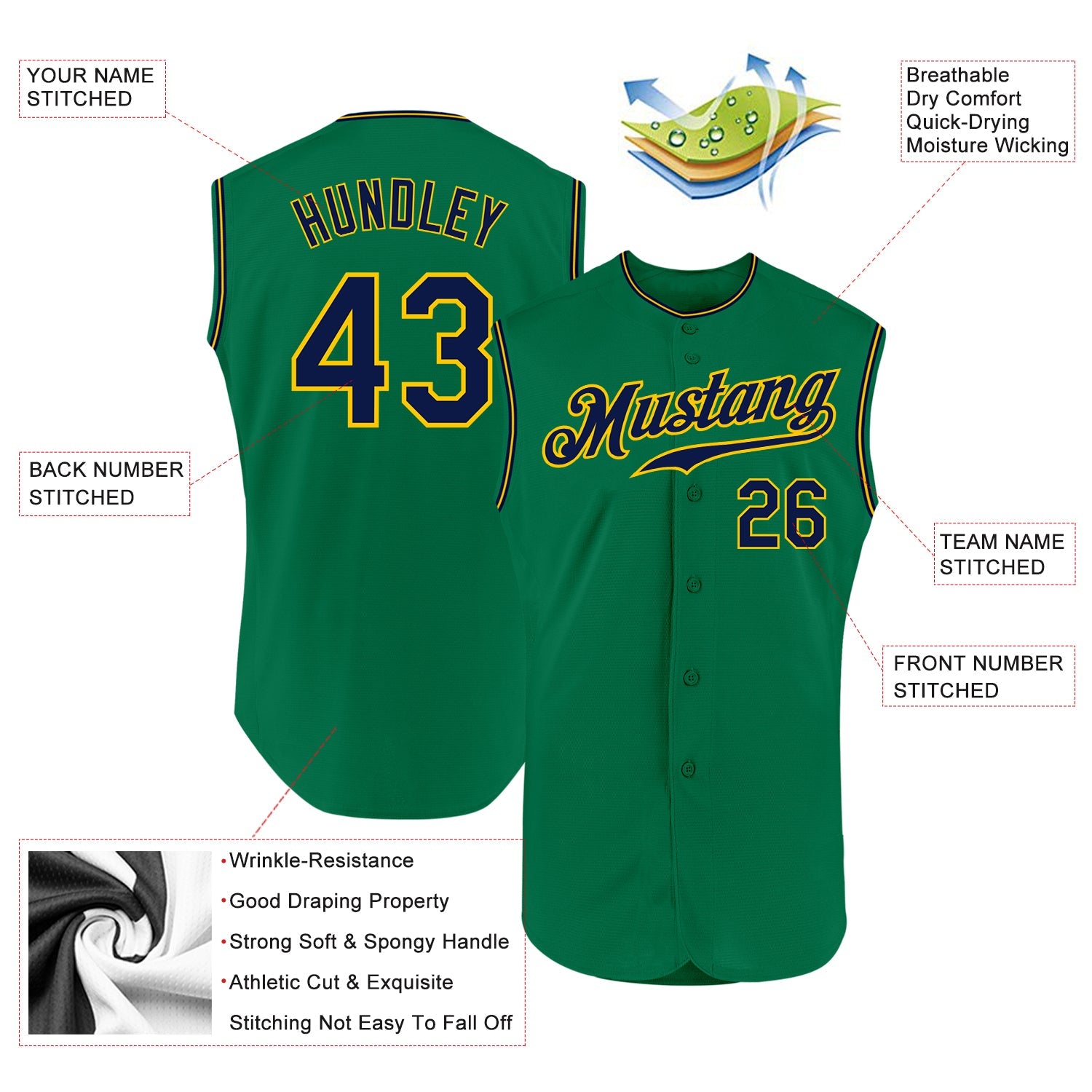Custom Kelly Green Navy-Gold Authentic Sleeveless Baseball Jersey - Sky-Custom