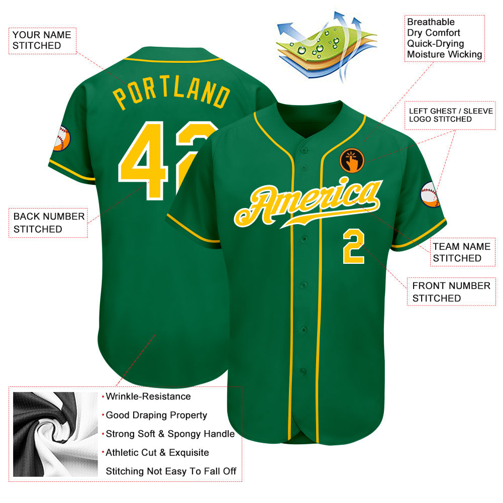 Custom Kelly Green Gold-White Authentic Baseball Jersey - Sky-Custom