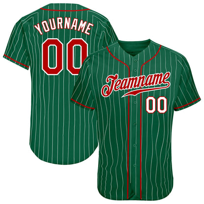 Custom Kelly Green White Pinstripe Red-White Authentic Baseball Jersey - Sky-Custom