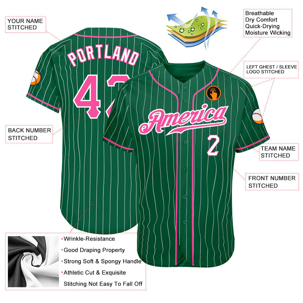 Custom Kelly Green White Pinstripe Pink-White Authentic Baseball Jersey - Sky-Custom
