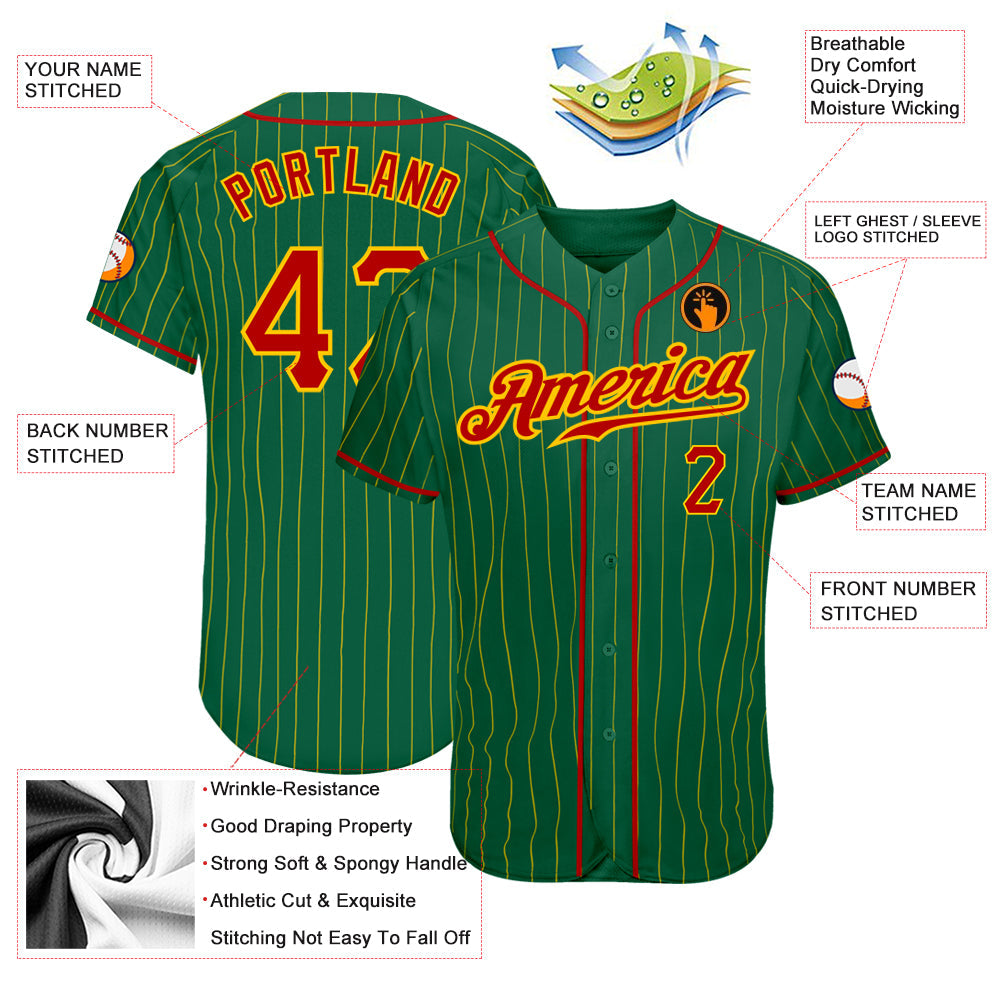 Custom Kelly Green Gold Pinstripe Red-Gold Authentic Baseball Jersey - Sky-Custom