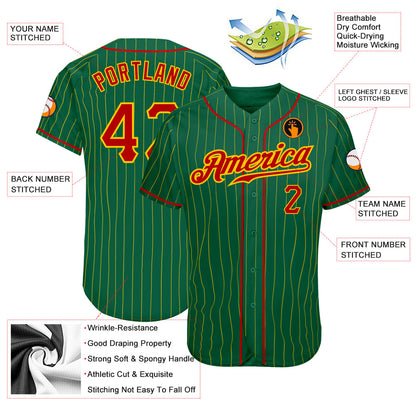 Custom Kelly Green Gold Pinstripe Red-Gold Authentic Baseball Jersey - Sky-Custom