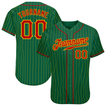 Custom Kelly Green Gold Pinstripe Red-Gold Authentic Baseball Jersey - Sky-Custom