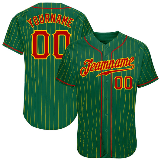 Custom Kelly Green Gold Pinstripe Red-Gold Authentic Baseball Jersey - Sky-Custom
