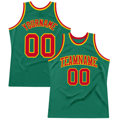 Custom Kelly Green Red-Gold Authentic Throwback Basketball Jersey - Sky-Custom