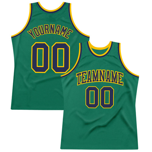 Custom Kelly Green Navy-Gold Authentic Throwback Basketball Jersey - Sky-Custom