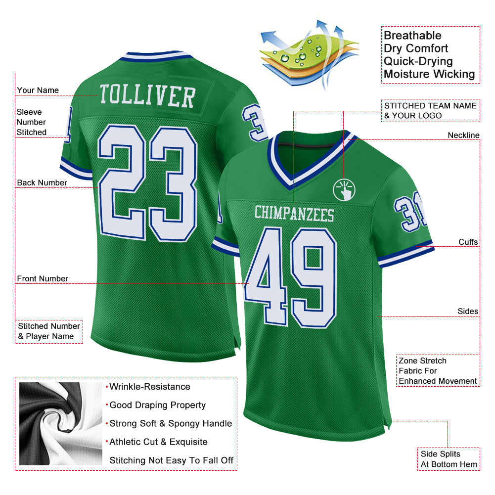 Custom Grass Green White-Royal Mesh Authentic Throwback Football Jersey - Sky-Custom