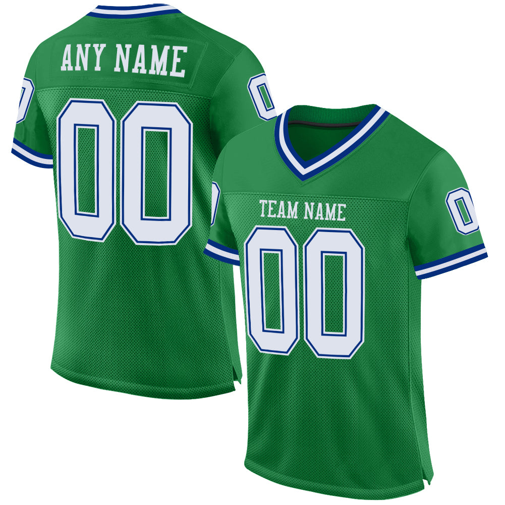 Custom Grass Green White-Royal Mesh Authentic Throwback Football Jersey - Sky-Custom