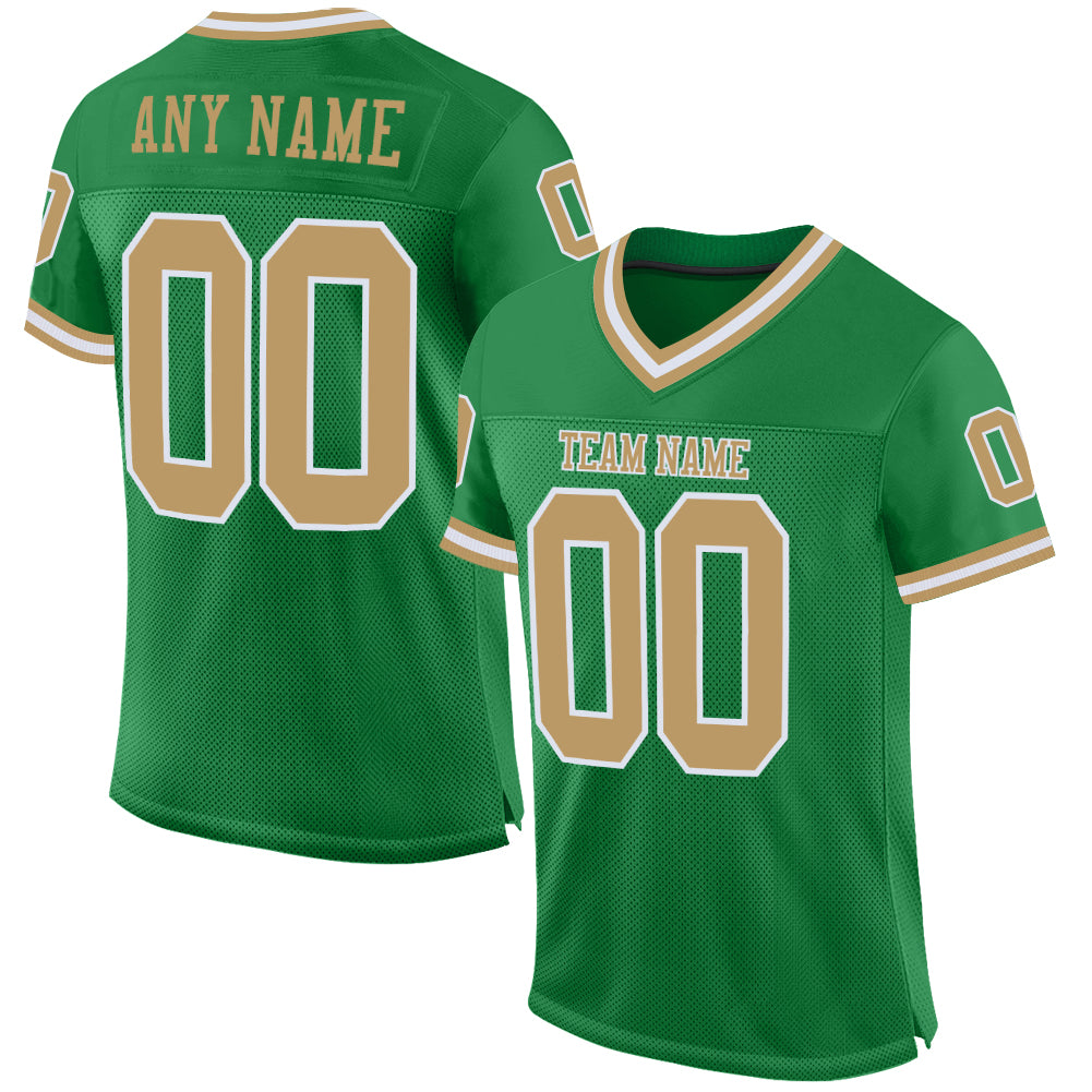 Custom Grass Green Old Gold-White Mesh Authentic Throwback Football Jersey - Sky-Custom