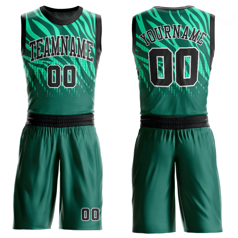 Custom Kelly Green Black-White Round Neck Sublimation Basketball Suit Jersey - Sky-Custom