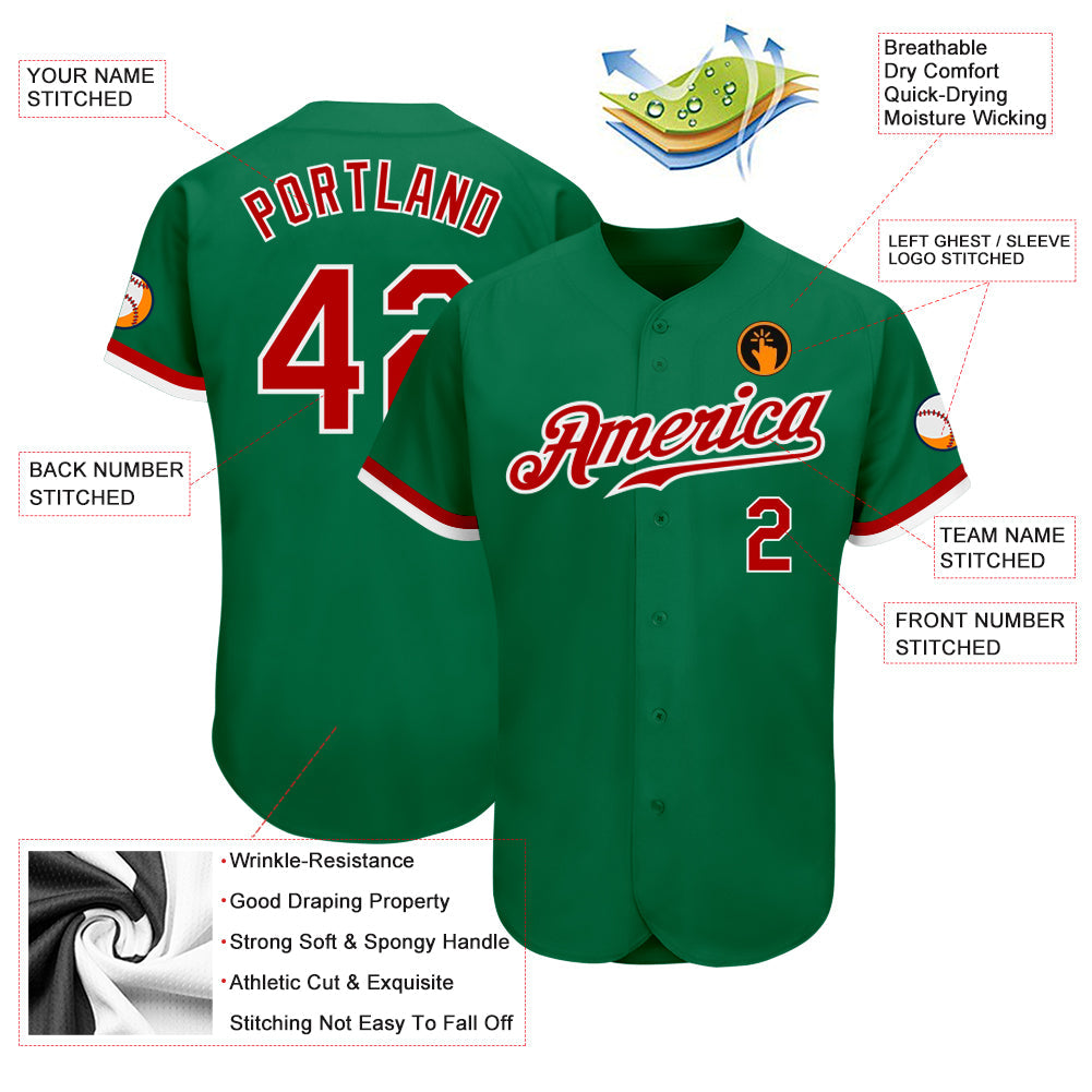 Custom Kelly Green Red-White Authentic Baseball Jersey - Sky-Custom