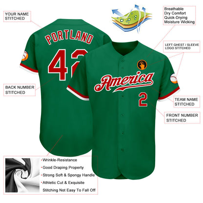 Custom Kelly Green Red-White Authentic Baseball Jersey - Sky-Custom