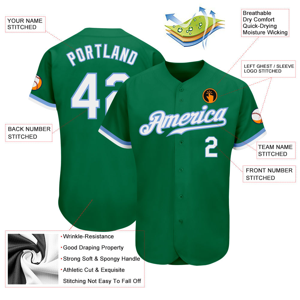 Custom Kelly Green White-Light Blue Authentic Baseball Jersey - Sky-Custom