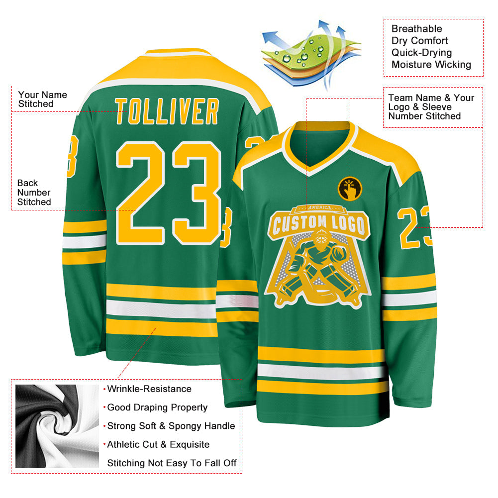 Custom Kelly Green Gold-White Hockey Jersey - Sky-Custom
