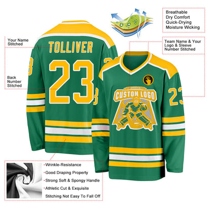 Custom Kelly Green Gold-White Hockey Jersey - Sky-Custom