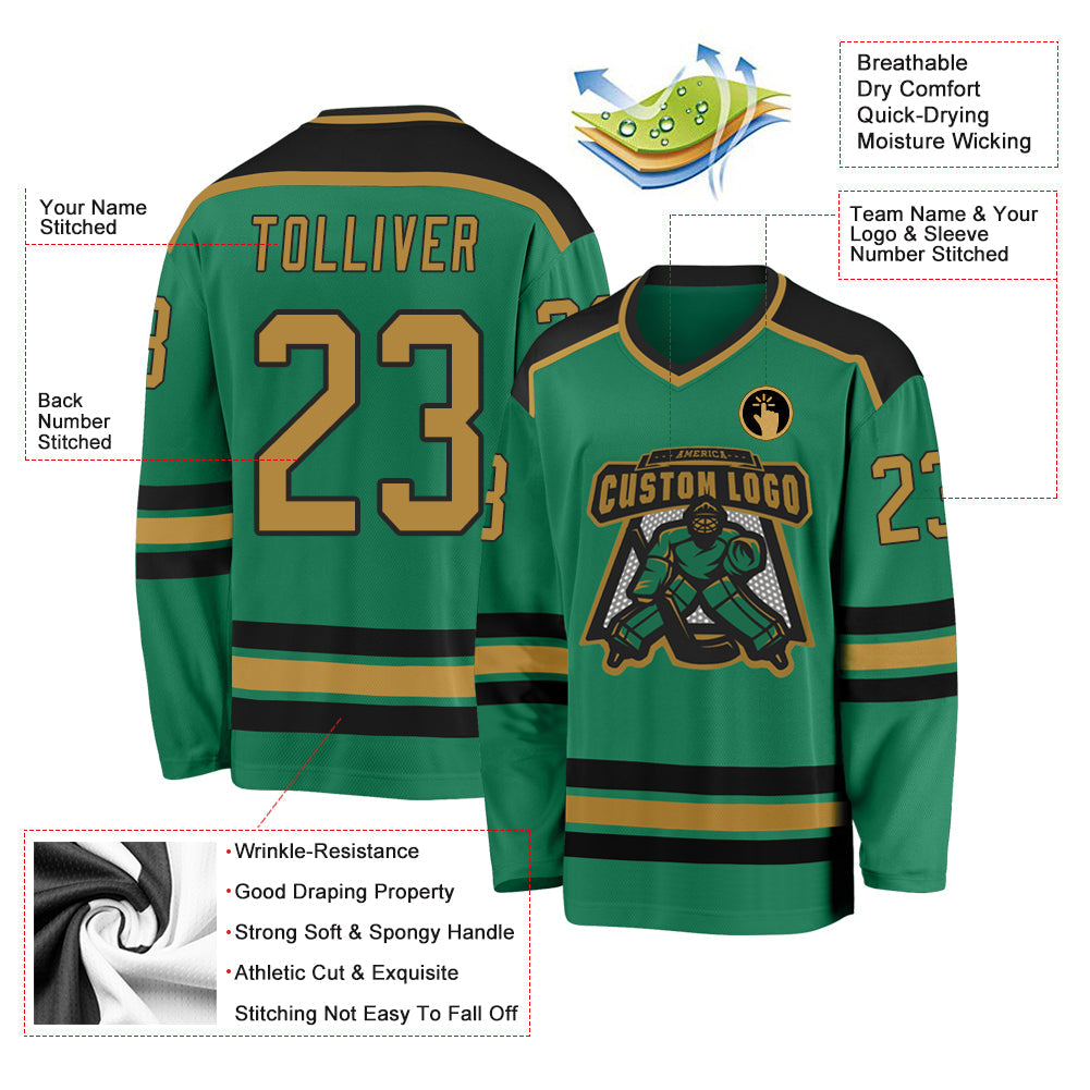 Custom Kelly Green Old Gold-Black Hockey Jersey - Sky-Custom